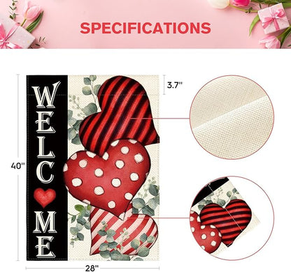 AVOIN colorlife Valentines Day Welcome House Flag 28x40 Inch Outside Double Sided, Anniversary Love Heart Rustic Yard Outdoor Decoration