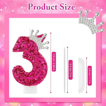 Hot Pink Birthday Candles Crown Number 3 Candle 3rd Birthday Party Decorations Cake Topper Cupcake Decor for Anniversary Celebrations Supplies