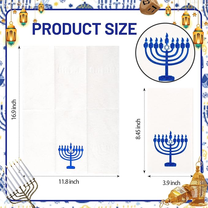 50 Pack Hanukkah Napkins - Blue and White Paper Napkins - Heavy Duty Cloth-Like Feel Napkin with Menorah Candles - Disposable Hand Towels for Kitchen Table Bathroom Holiday Decor