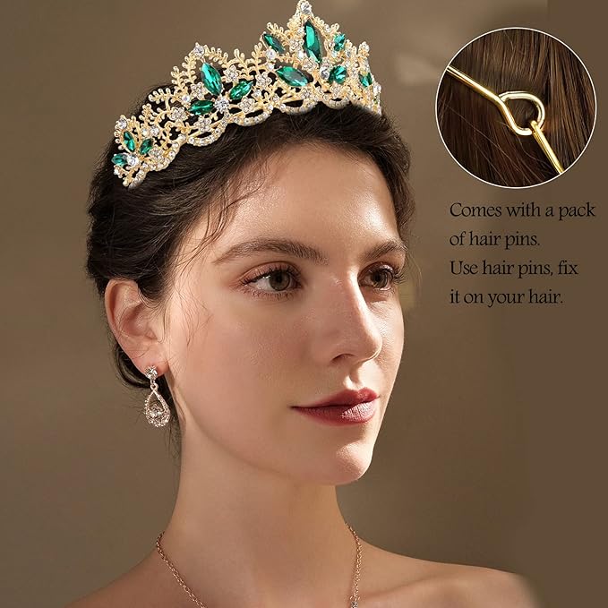 Green Tiara for Women Gold Crown for Girls Wedding Princess Birthday Crystal Rhinestones Headbands for Prom Bridal Party Halloween Costume Christmas Gift