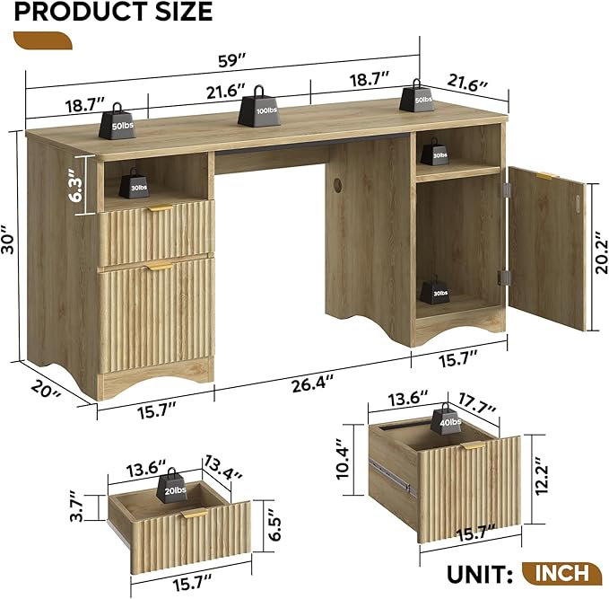 Bestier Computer Desk with 2 Drawer, 59 inch Office Desk with Storage Cabinet & 2 Open Storage, Fluted Executive Desk for Home Office & Studio, Brown Oak