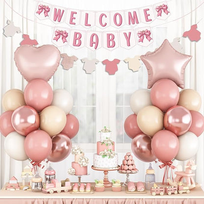 Dusty Pink Baby Shower Decorations Oh Welcome Baby Girls Balloon Set with Star Heart Foil Balloons Bunting Banner Bodysuit Garland Bow Boho Blush Beige Rose Gold White Sand Gender Reveal Party Boys
