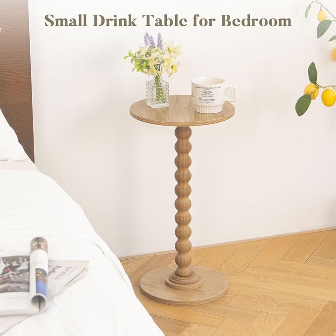 Small Side Table, Drink Table for Small Spaces, Modern Martini Table with Solid Wood Leg, Round End Tables Living Room for Bedroom and Office (Rustic Walnut)
