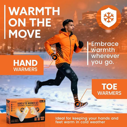 Hand and Toe Warmers Variety Pack – 100 Piece Set with 30 Pairs Hand Warmers and 20 Pairs Adhesive Toe Warmers – Long Lasting Heat Packs for Cold Weather, Work, Skiing, Travel and Stadium Events