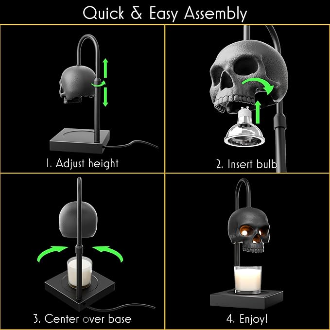 New - Skull Candle Warmer Lamp with Timer and Dimmer *Candles NOT Included – Gothic Candle Lamp Warmer w/Adjustable Height, 2 Light Bulbs – Skull Decor, Halloween Lamps for Spooky Home & Witchy Gifts