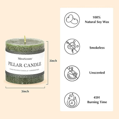 3x3 Inch Moss Green Pillar Candles - Set of 3, Long Clean Burning, Smokeless Dripless Candles for Spring Home Decor, Dinner Table, Bathroom, Rustic Decor