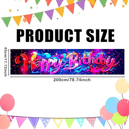 Nuxovilar Happy Birthday Banner Decorations 17.72x78.74 Inch Graffiti Neon Theme - Polyester for Indoor Outdoor Birthday Party Decor