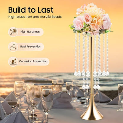 Wedding Centerpieces Gold Vases,10PCS Metal Flower Candle Holder with Sparkling Crystal Beads,Crystal Flower Vase Metal Flowers Stand for Party Tables Decorations (Gold 10PCS Height 21.9in)