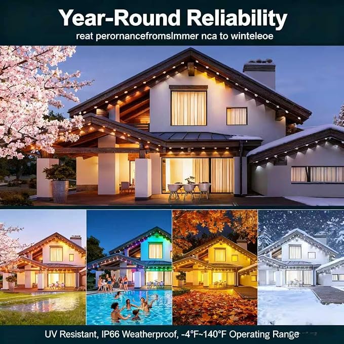 Permanent Outdoor Lights 150FT—Smart RGB Eave Lighting with App & Remote Control, IP67 Waterproof for House Exterior, Garden, Holiday, and Party Decor