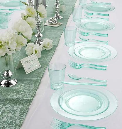 WDF 180 Pieces Green Plastic Silverware Disposable - Clear Green Cutlery Sets 60 Forks, 60 Knives and 60 Spoons - Heavy Duty Plastic Utensils for Party, Summner