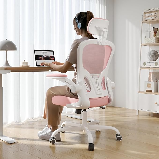Synorla Office Chair Ergonomic Desk Chair, 330LBS Capacity, High Back Computer Design for Long Hours Comfort, Rolling Swivel Executive Task for Home Office with Flip-up Armrests（White Pink）
