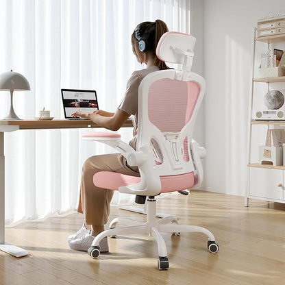 Synorla Office Chair Ergonomic Desk Chair, 330LBS Capacity, High Back Computer Design for Long Hours Comfort, Rolling Swivel Executive Task for Home Office with Flip-up Armrests（White Pink）