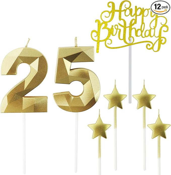 Golden Number 25 Birthday Candles and Star Birthday Candles 2.76 inch Birthday Cake Candles 3D Diamond Shaped Candles are Suitable for Birthday Parties and Anniversary Cake Decorations Candles