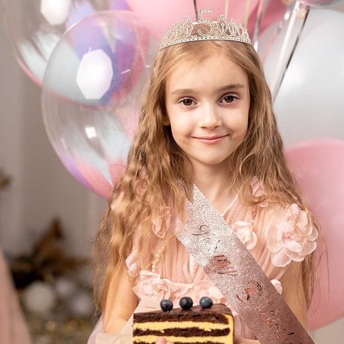 CIEHER 5th Birthday Crown + It's My 5th Birthday Sash + Pearl Pin Set, 5th Birthday Decorations Girl 5th Birthday Gifts for Girls 5 Year Old Birthday Cake Topper, Happy 5th Birthday Party