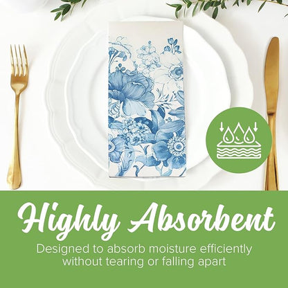 SimuLinen Blue Floral Decorative Dinner Napkins, Disposable Cloth-Like Paper Napkins, Linen Feel, Premium Airlaid Material, Highly Absorbent, Box of 120