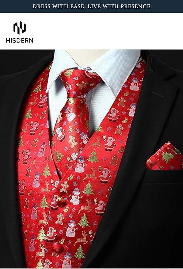 HISDERN Men's Suit Vest Christmas Holiday Season Party Jacquard Waistcoats Necktie Pocket Square Vest Suit Set