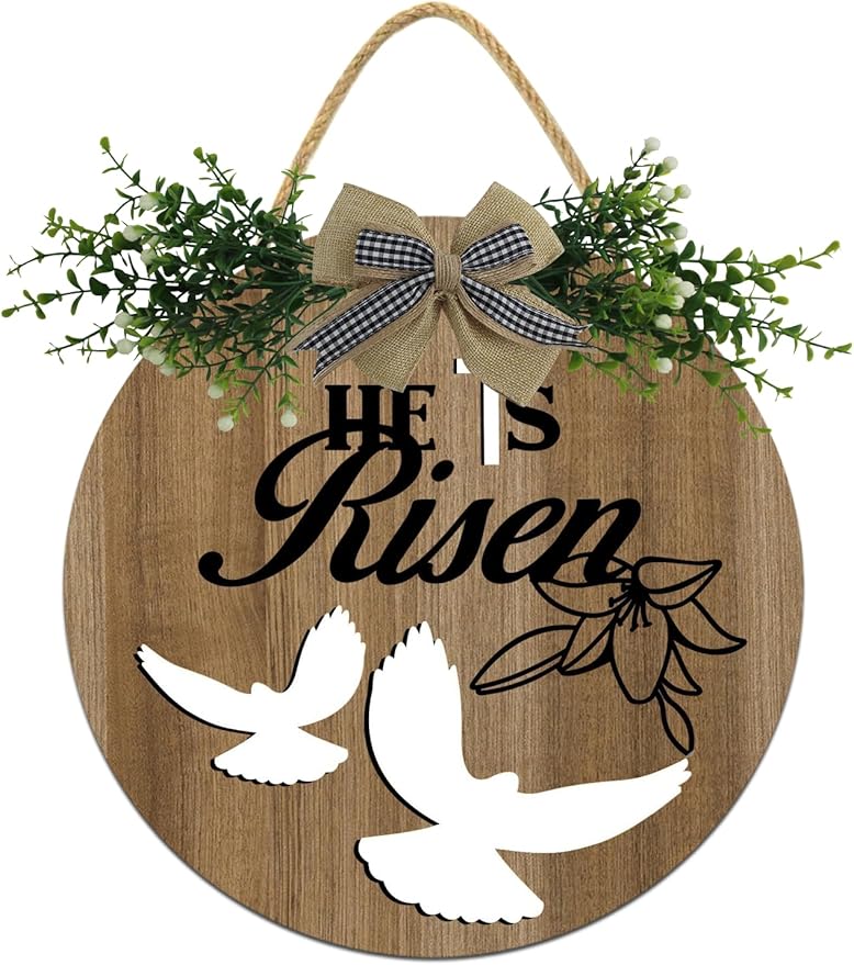 Boylee Easter Wooden Hanging Sign He Is Risen Sign Door Decoration with Bow Rustic Easter Wood Wreath Sign for Easter Spring Holiday Home Coffee Shop Bakery Farmhouse Window