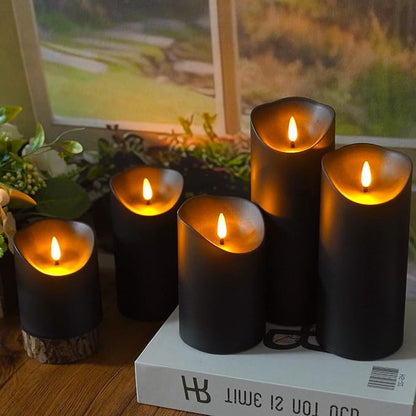Flameless Candles with Remote Timer, Battery Operated Realistic Flickering LED Candles, 9 Packs Fake Candles for Home Decor (D3 x H 3" 4" 5" 6" 7") (Black)