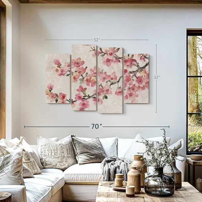 Elephant Stock Cherry Blossom Composition I Wall Art - Horizontal Canvas - 4-Piece Living Room Wall Decor - Branch Painting Canvas Print - Pink and Green Decor for Wall by Tim O'Toole - 52" X 32"