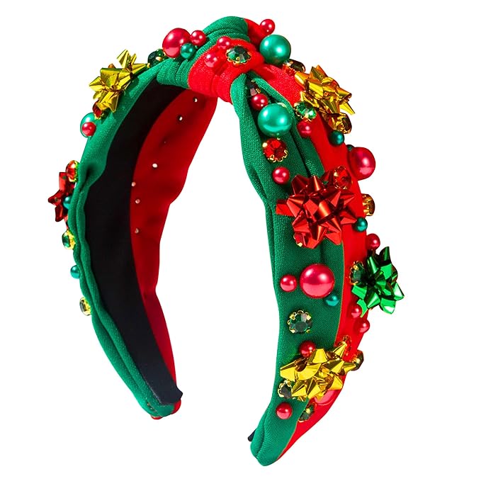 pVq Christmas Headband for Women Knotted Headband with Christmas Tree Crystal Pearl Snowflake Ribbon Xmas Holiday Hairband (Pearl Flower - Red Green, One Size)