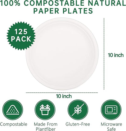 DaYammi 100% Compostable Paper Plates 10 Inch, 125-Pack Heavy Duty Paper Plates Bulk,Biodegradable Bagasse,Eco-Friendly Disposable Dinner Plate for BBQ,Picnic,Party (BPI Certified,Microwaveable)