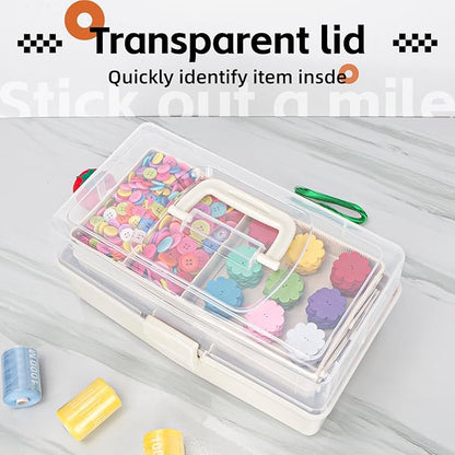 12.5in 3-Layer Multipurpose Craft Organizers and Storage with Adjustable Dividers, Portable Tackle Box, Folding Art & Craft Case for Medicine, Tool, Sewing Organizer (White)