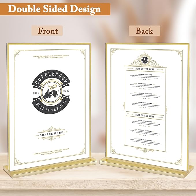 Floroom 6 Pack 8.5x11 Inch Clear Acrylic Sign Holders, Double-Sided Gold Display Stand Picture Frames for Table Numbers, Menus, Flyers, Weddings, and Offices