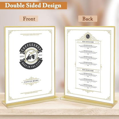 Floroom 6 Pack 8.5x11 Inch Clear Acrylic Sign Holders, Double-Sided Gold Display Stand Picture Frames for Table Numbers, Menus, Flyers, Weddings, and Offices