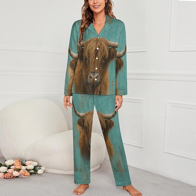 Lemons Leaves Ceramic Style Womens Pajama Set Long Sleeve Pajamas Top And Pants Soft Loungewear Pjs Sets