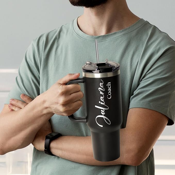 Personalized 40 Oz Tumbler with Handle, Made in USA Custom Tumbler With Name - Lid and Straw, Stainless Steel Coffee Tumbler Travel Coffee Mug Cup, Personalized Gift for Women Men Birthday