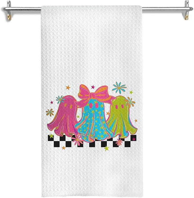 Halloween Ghost Kitchen Towels, Coquette Pink Bow Ghost Dish Tea Towels for Kitchen Decor, Trendy Spooky Halloween Decorative Hand Towel for Bathroom, 16x24 Inches