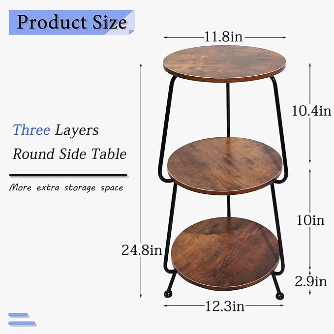 Small Round Side Table, 3 Tier Circular Narrow End Table with Storage Shelf, Round Corner Coffee Table Nightstand, Compact Tea Sofa Table for Living Room Bedroom Small Spaces, Rustic, Vintage, Brown