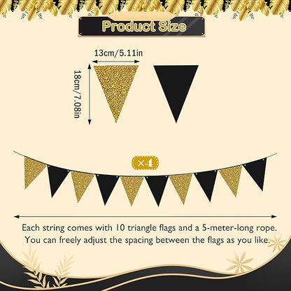 4Pcs Black Gold Glitter Triangle Flag, New Year 2026 Birthday Christmas Graduation Party Decor Banner, Black Gold Pennant Banner Paper Bunting Hanging Decor for New Year Holiday Party Supplies