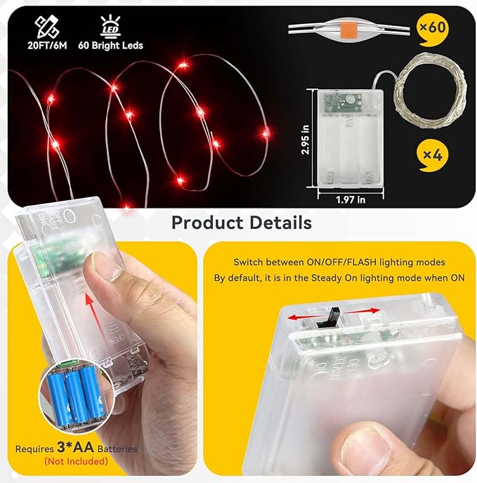 4 Pack 240LED Christmas Fairy Lights Battery Operated - 20FT Twinkle Lights with 2 Lighting Modes Indoor Outdoor, Waterproof Led Fairy String Lights for Bedroom, Wedding, Dorm, DIY Decor, Red