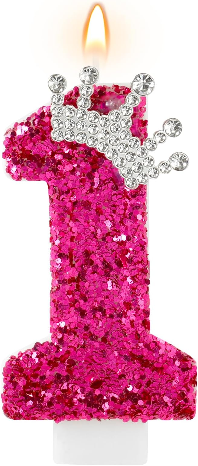 Hot Pink Birthday Candles Crown Number 1 Candle 1st Birthday Party Decorations Cake Topper Cupcake Decor for Anniversary Celebrations Supplies
