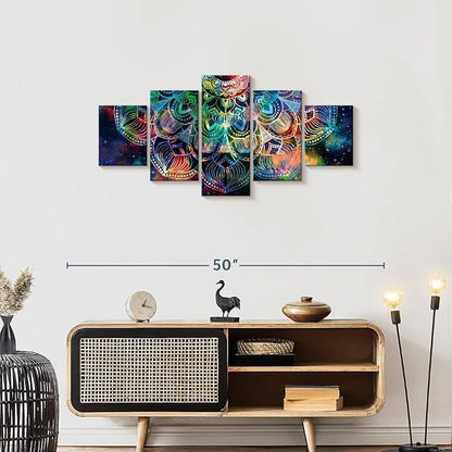 ElephantStock - Celestial Mandala Wall Art - Horizontal Multi Panel Canvas - 5 Piece Living Room Wall Decor - Digital Art Elements Multi Piece Wall Art - Turquoise And Blue Decor - 42" x 19"