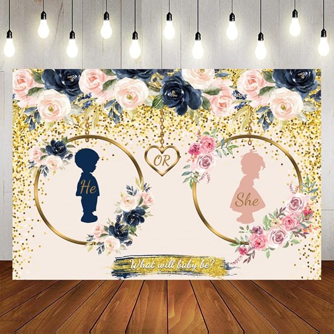 10x8ft Gender Reveal Backdrop Navy and Blush He or She What Will Baby Be Gender Reveal Backdrop Boy or Girl Pregnancy Reveal Photography Background Baby Shower Backdrop Cake Table Decor