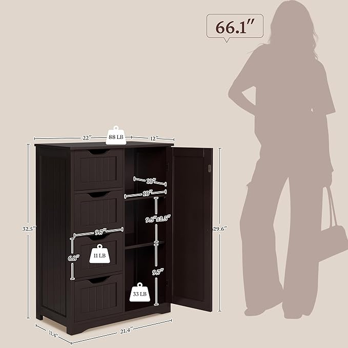Yaheetech Wooden Bathroom Floor Cabinet, Side Storage Organizer Cabinet with 4 Drawers and 1 Cupboard, Freestanding Entryway Storage Unit Console Table, Home Decor Furniture, Brown