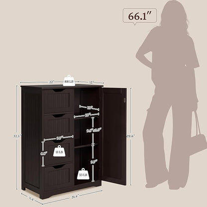 Yaheetech Wooden Bathroom Floor Cabinet, Side Storage Organizer Cabinet with 4 Drawers and 1 Cupboard, Freestanding Entryway Storage Unit Console Table, Home Decor Furniture, Brown