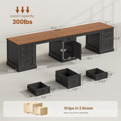 SEDETA Farmhouse 110.3" Two Person Desk with 7 Drawers, Long Computer Desk with Storage Cabinet, 2 Person Desk with Power Outlets for Home Office, Black