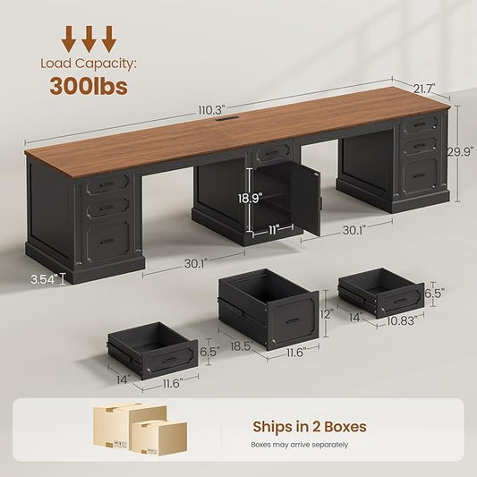 SEDETA Farmhouse 110.3" Two Person Desk with 7 Drawers, Long Computer Desk with Storage Cabinet, 2 Person Desk with Power Outlets for Home Office, Black