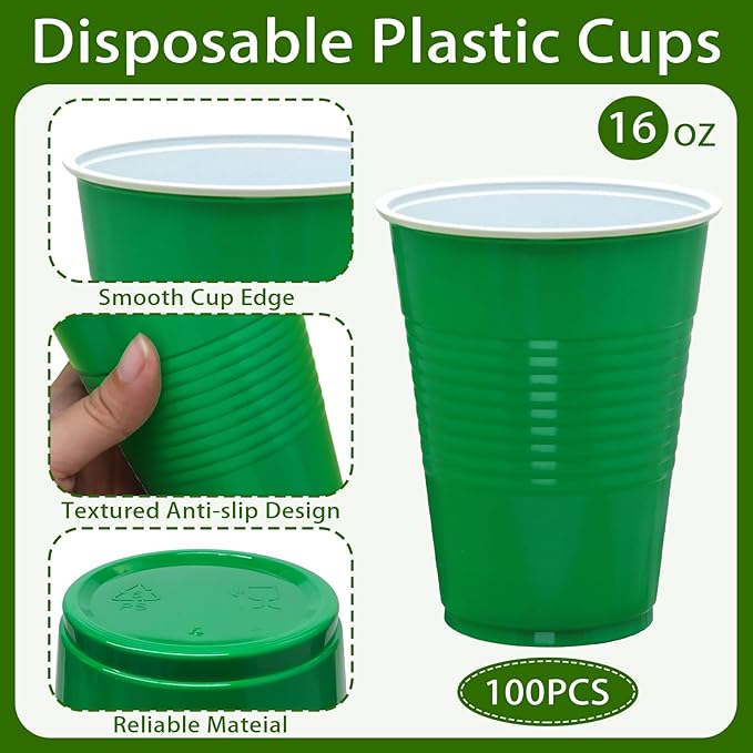 100 Pack Green Plastic Cups, 16 oz Green Disposable Cups, Plastic Party Cups Heavy Duty for Party Wedding Halloween Thansgiving Christmas Picnic
