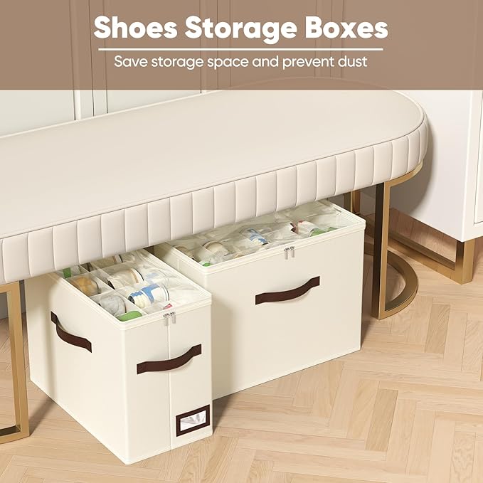 OIAHOMY 2 Pack Shoe Organizer for Closet, Foldable Shoe Storage Bins with Adjustable Dividers, Stackable Oxford Cloth Sneaker Boxes for Entryway Bedroom, Fits Up to 16 Pairs, Beige