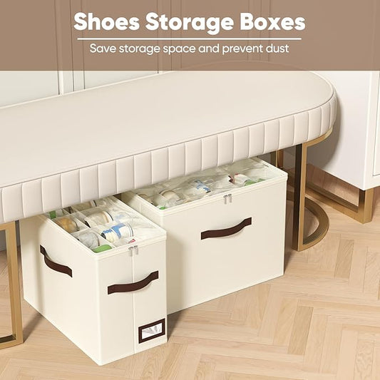 OIAHOMY 2 Pack Shoe Organizer for Closet, Foldable Shoe Storage Bins with Adjustable Dividers, Stackable Oxford Cloth Sneaker Boxes for Entryway Bedroom, Fits Up to 16 Pairs, Beige
