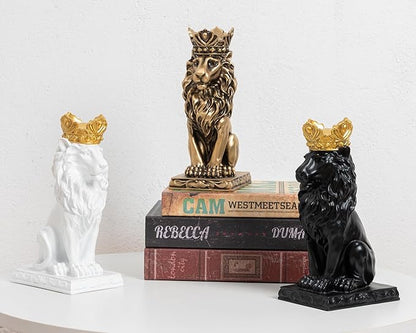 Lion Statue Decor 9 inch Resin, Antique Gold Decor Accent Crown Lion Statue Man Home Office Desk Table Shelf Decoration, Men Father Leo Gift