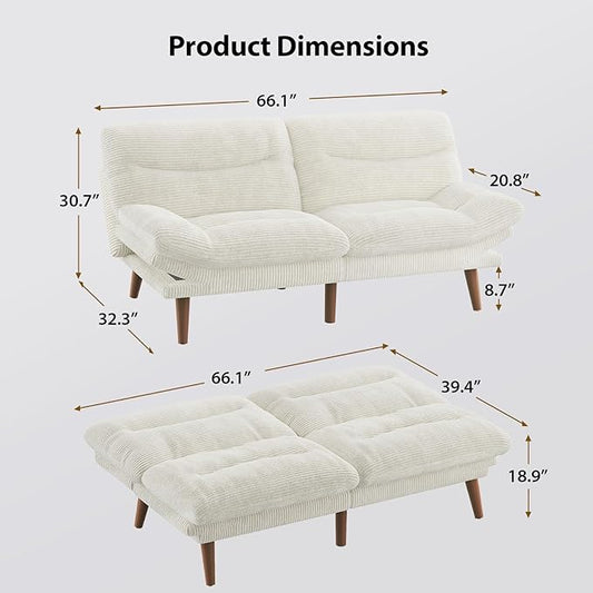 Pipishell Futon Sofa Bed, 66 Inch Corduroy Futon Couch Convertible with Adjustable Backrest and Armrests, Recliner Sleeper Sofa for Small Spaces, Living Room, Office, Guest Room (White, 66 Inch)