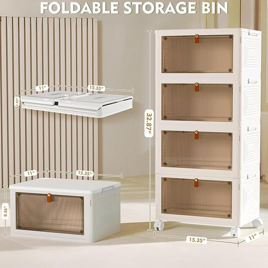 4 Tier Plastic Storage Bins with Lid 23QT, Stackable Storage Containers with Wheels, Folding Storage Boxes, Stackable Storage Bins, Organizers and Storage for Living Room,Office,Dorm