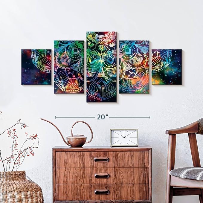 ElephantStock - Celestial Mandala Wall Art - Horizontal Multi Panel Canvas - 5 Piece Living Room Wall Decor - Digital Art Elements Multi Piece Wall Art - Turquoise And Blue Decor - 36" x 15"
