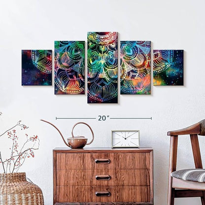 ElephantStock - Celestial Mandala Wall Art - Horizontal Multi Panel Canvas - 5 Piece Living Room Wall Decor - Digital Art Elements Multi Piece Wall Art - Turquoise And Blue Decor - 36" x 15"