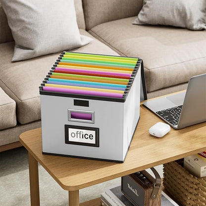 Huolewa Portable Leather File Organizer Boxes with Lids, Office Document Boxes Organizer, Filing Boxes, Decorative Small File Boxes for Hanging Files, File Cabinet for Office/Home - 4 Pack